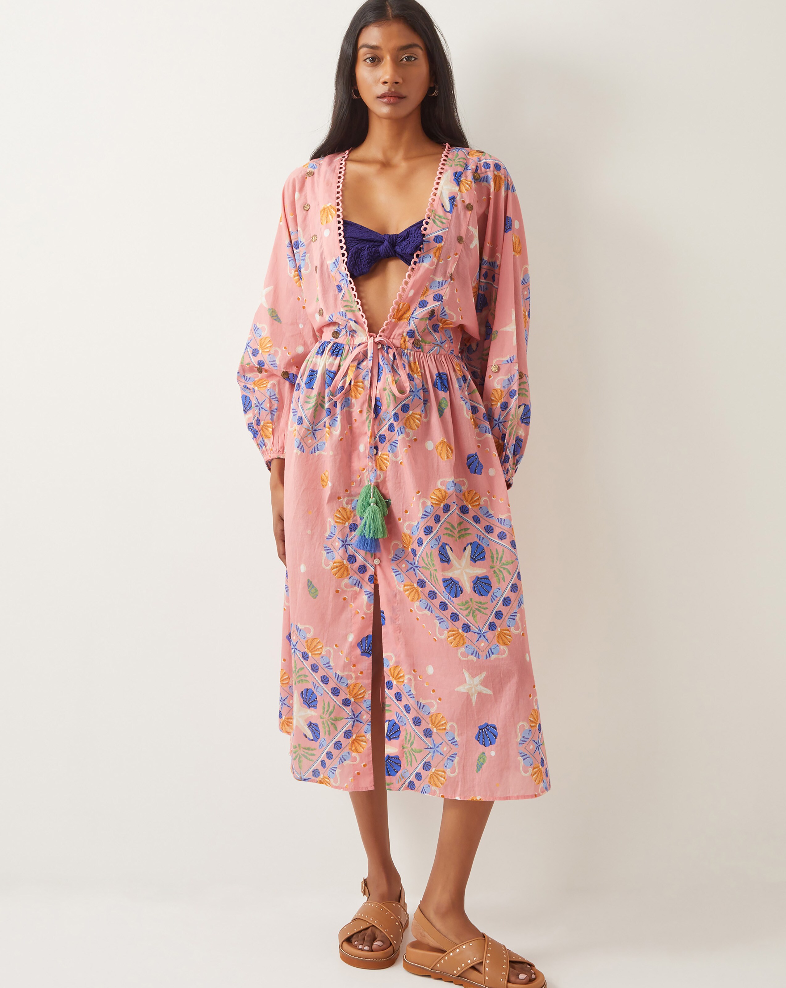 Monsoon Mabel Shell Print Cotton Kaftan Dress