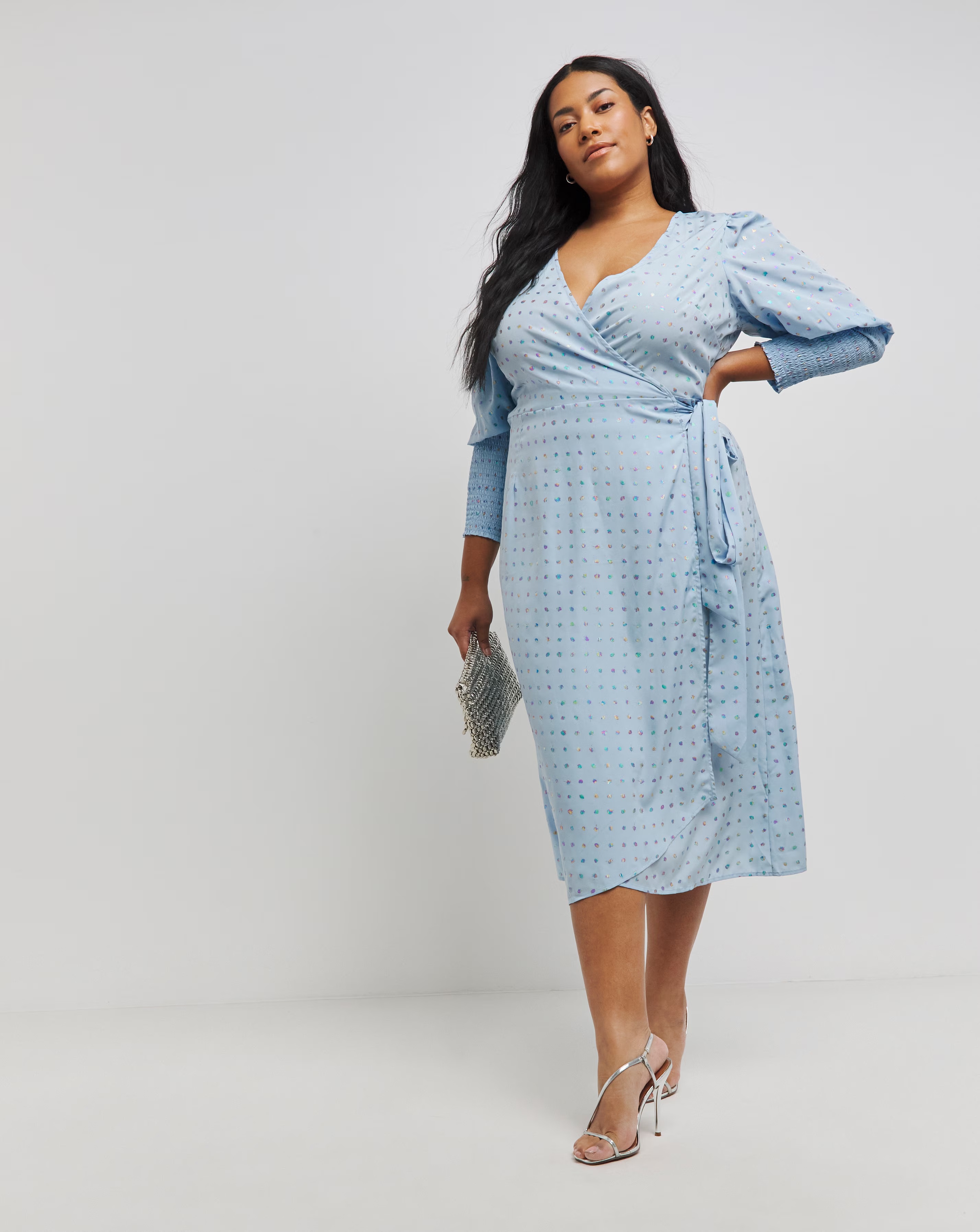 Blue Rainbow Foil Wrap Midi Dress With Shirred Sleeve 1 88790-blue-rainbow-foil-wrap-midi-dress-with-shirred-sleeve-1.jpg