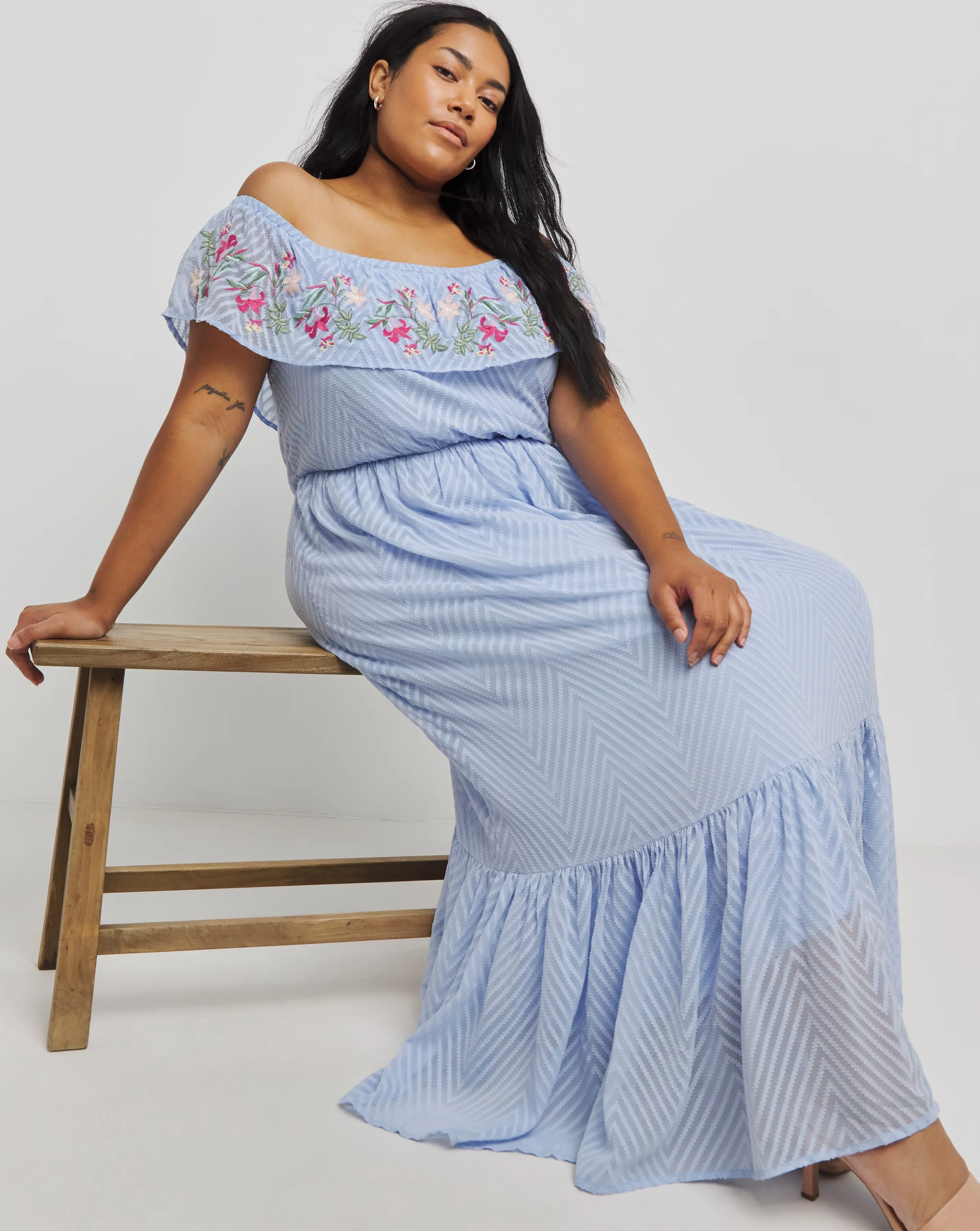Blue Embroidered Tiered Bardot Maxi Dress