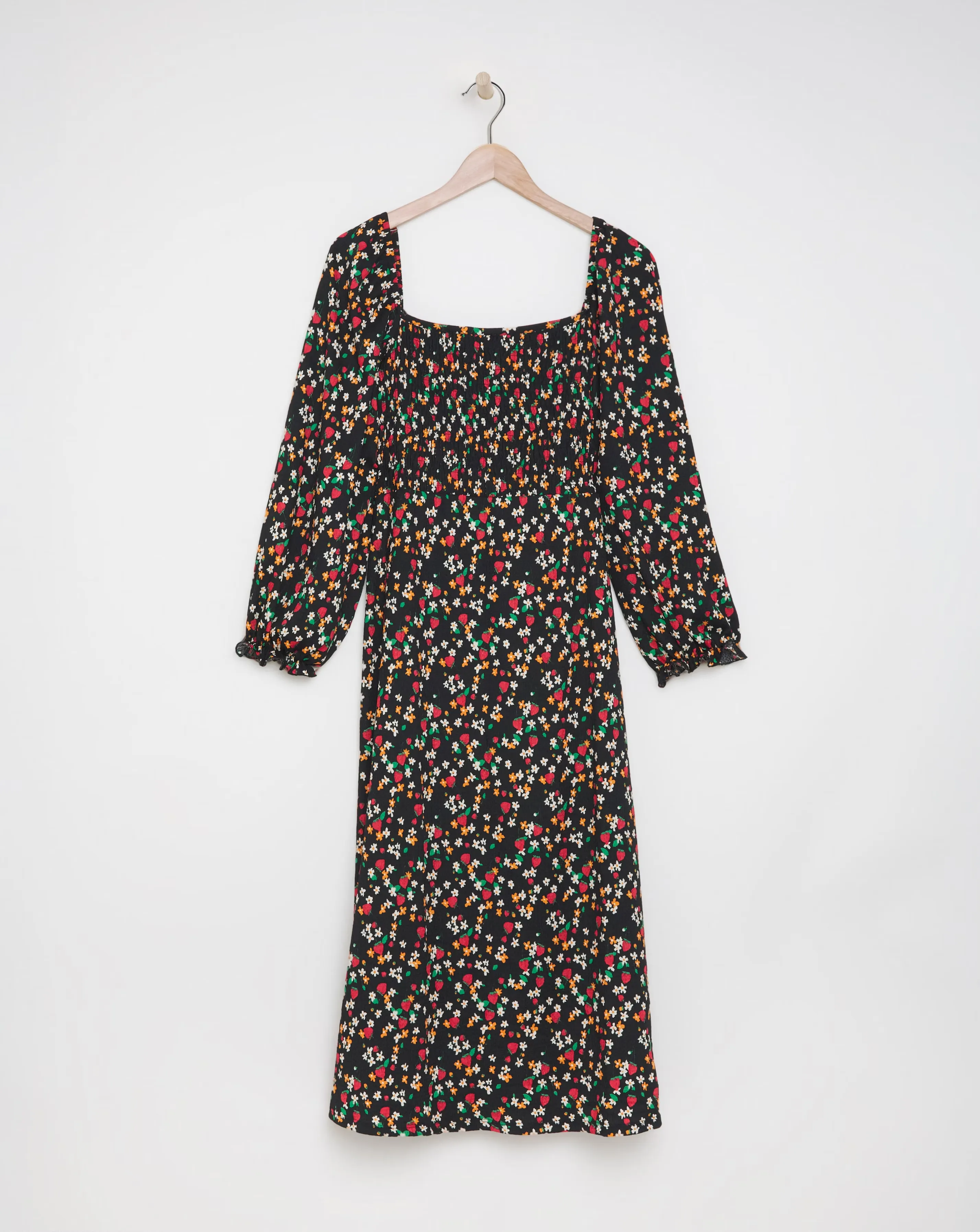 Ditsy Print Long Sleeve Shirred Midi Dress