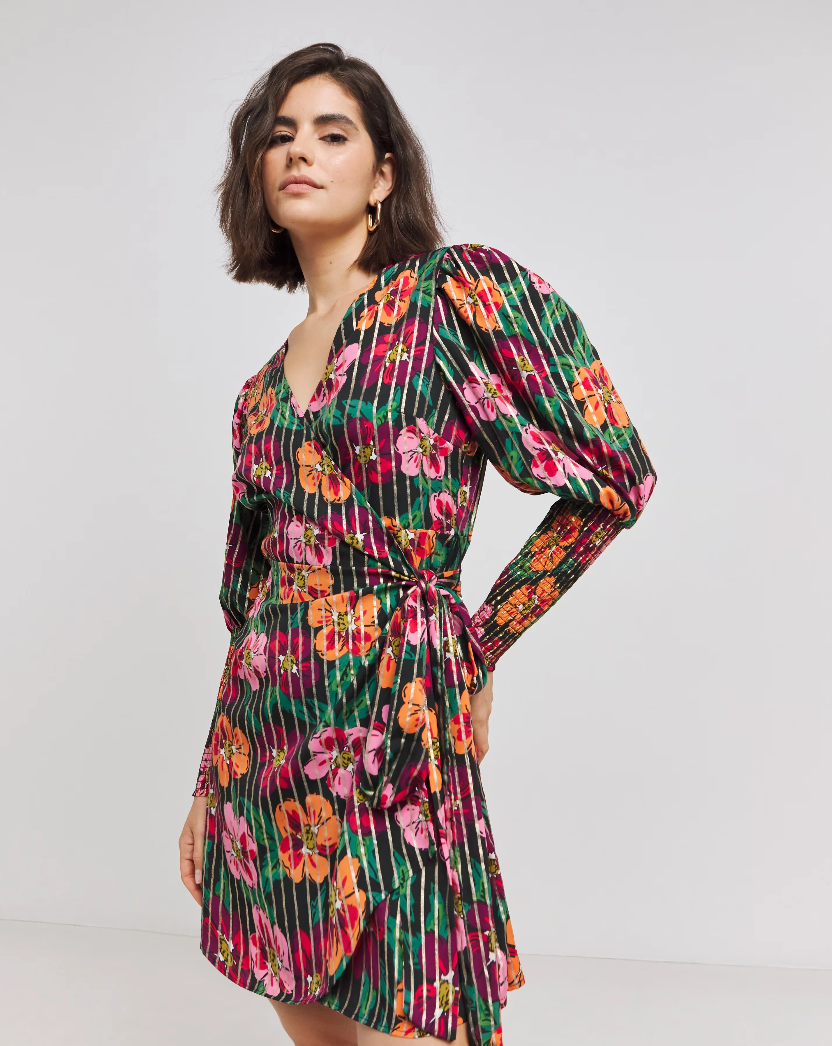 Floral Foil Print Shirred Cuff Sleeve Wrap Skater Dress 1 89067-floral-foil-print-shirred-cuff-sleeve-wrap-skater-dress-1.webp