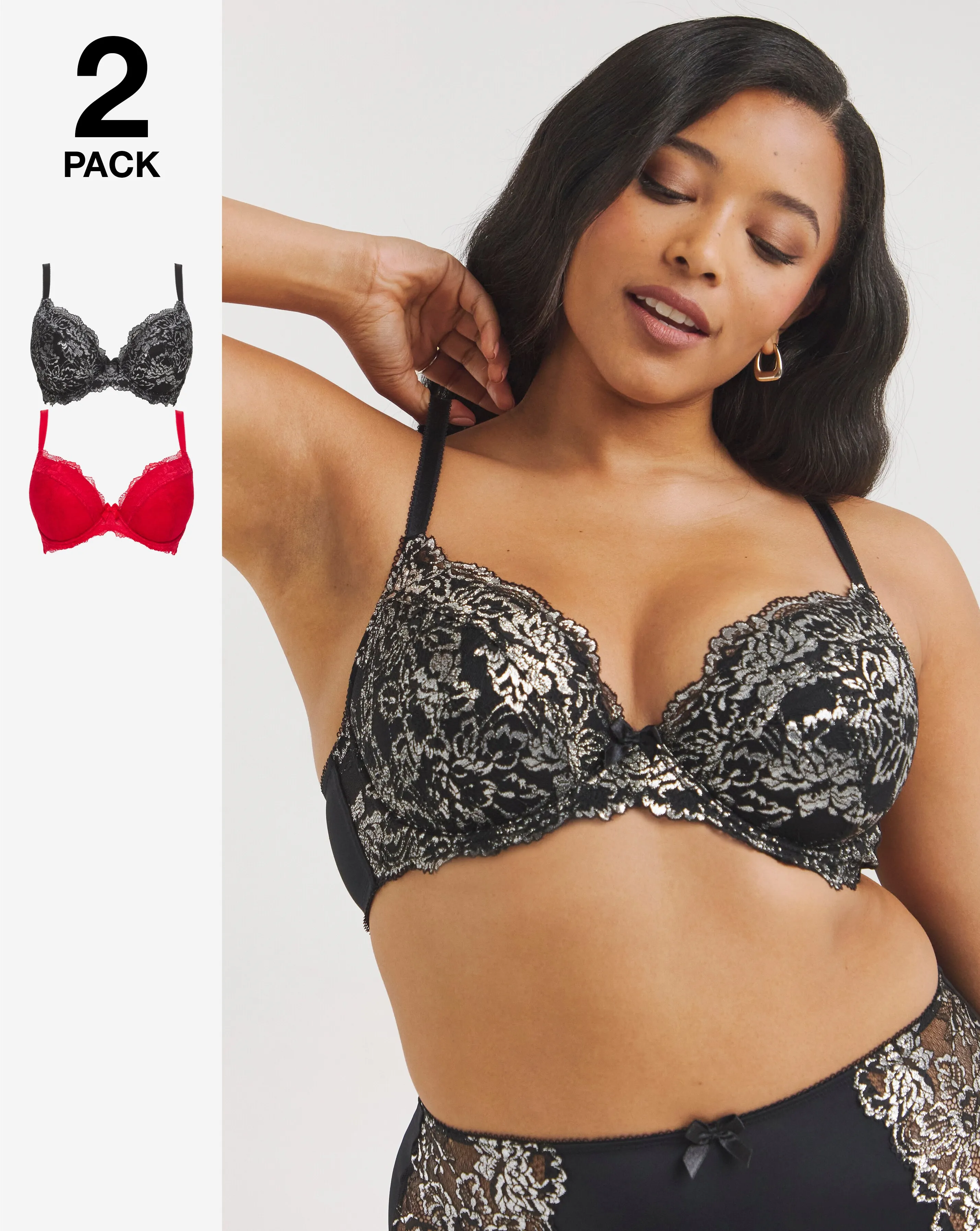 Pretty Secrets 2 Pack Ella Lace Padded Plunge Wired Bras B-K
