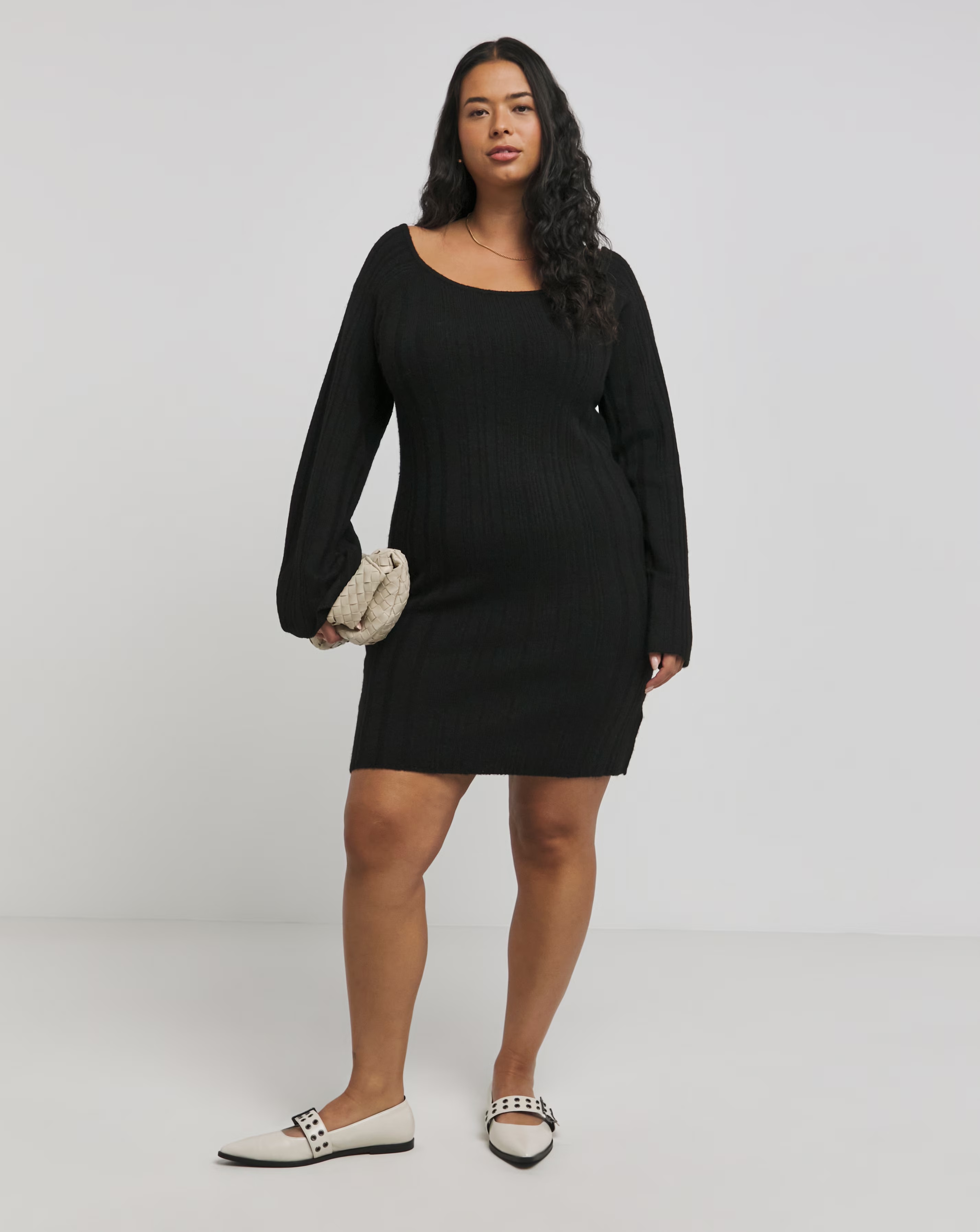 Black Rib Slash Neck Knitted Mini Dress
