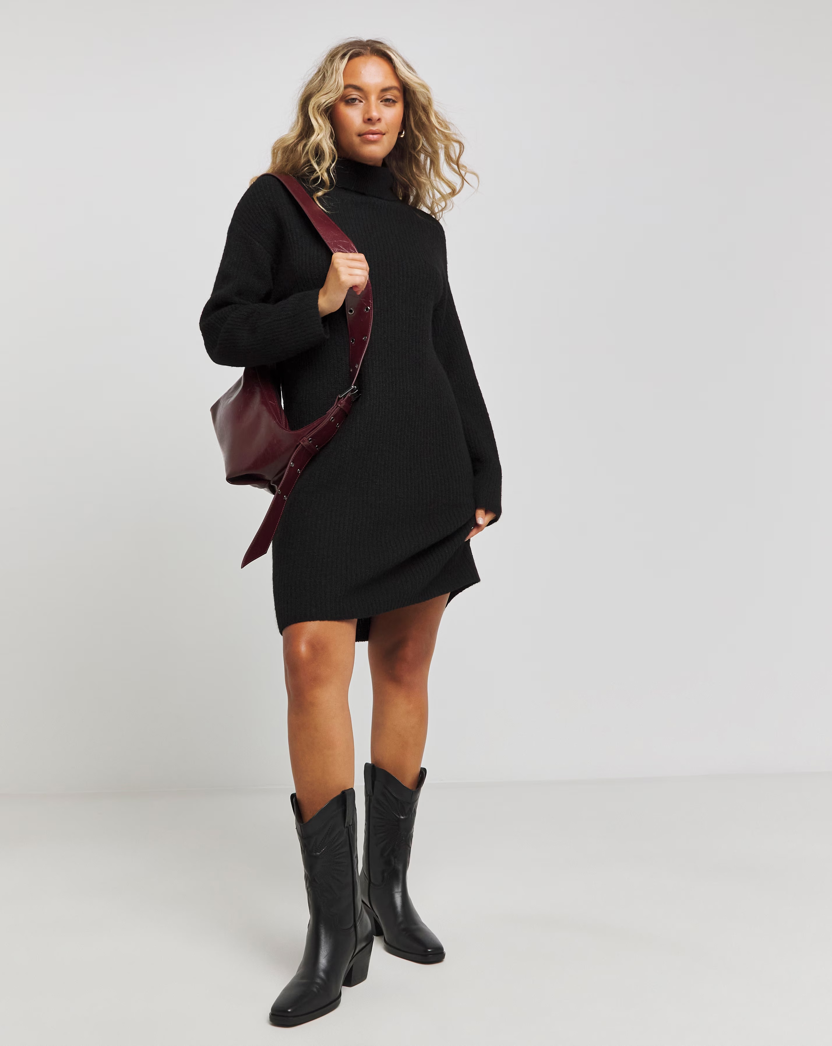 Black Roll Neck Knitted Mini Dress