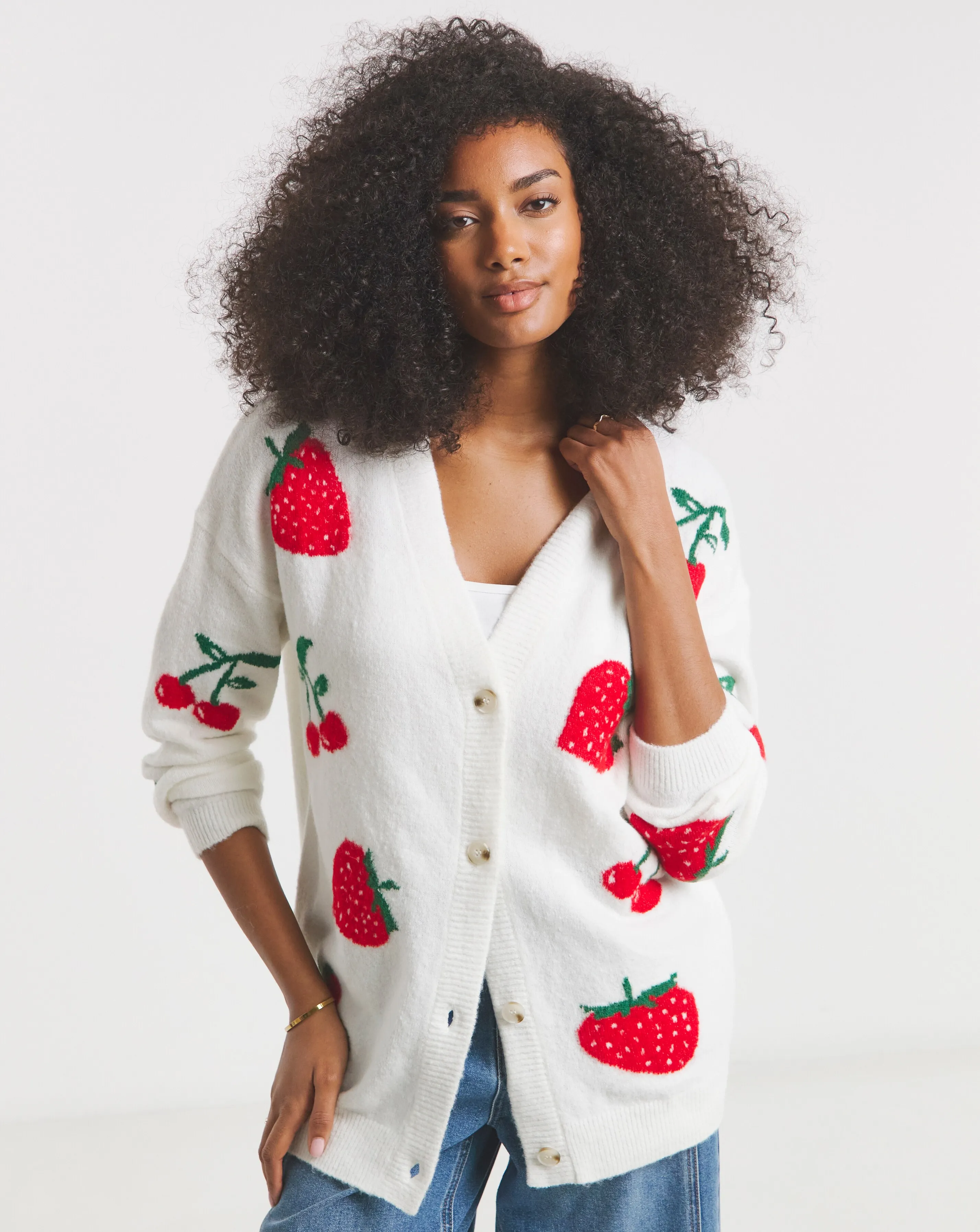 Ivory Strawberry Cherry Boyfriend Cardigan