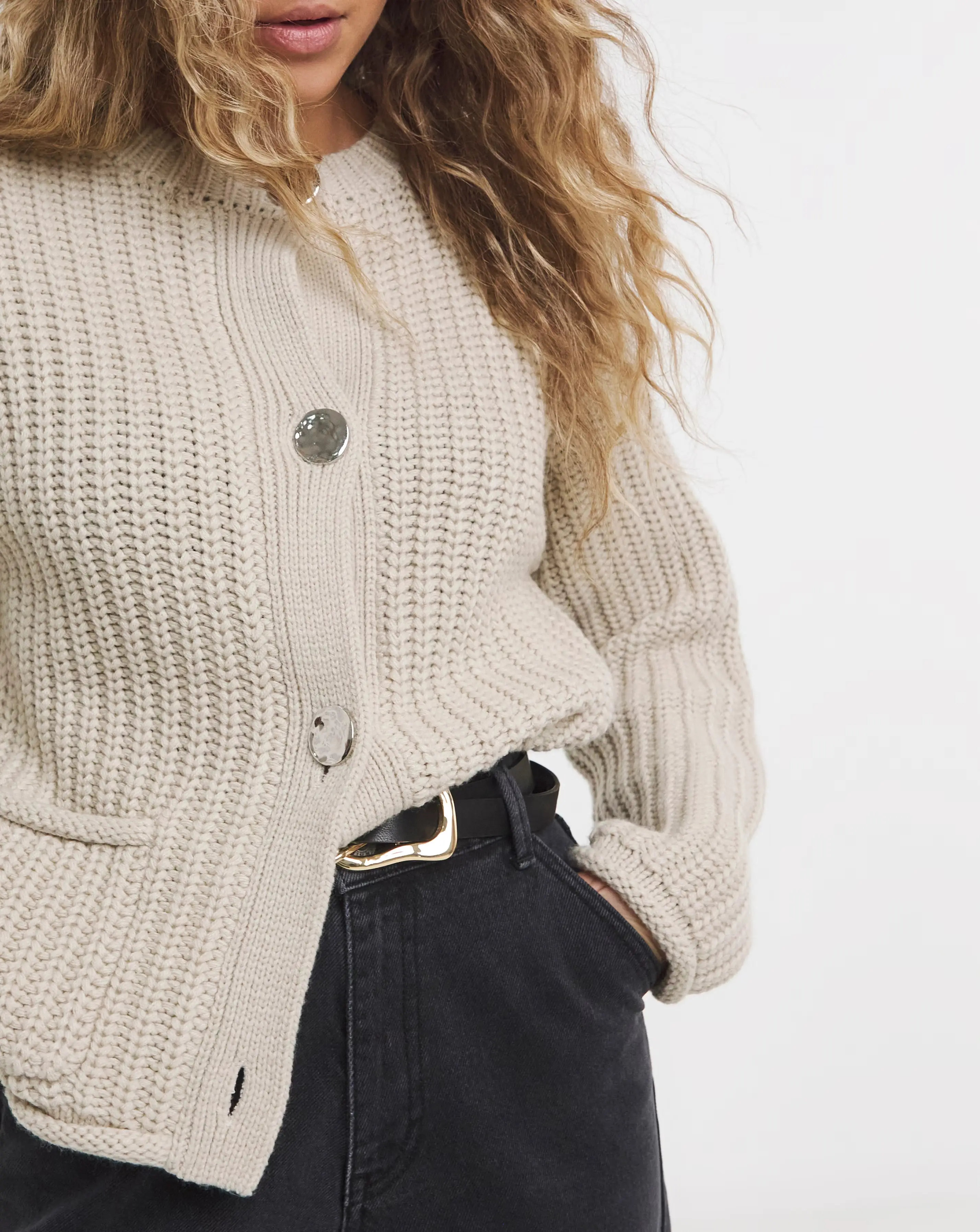 Simply Be Stone Chunky Knit Crew Neck Cardigan