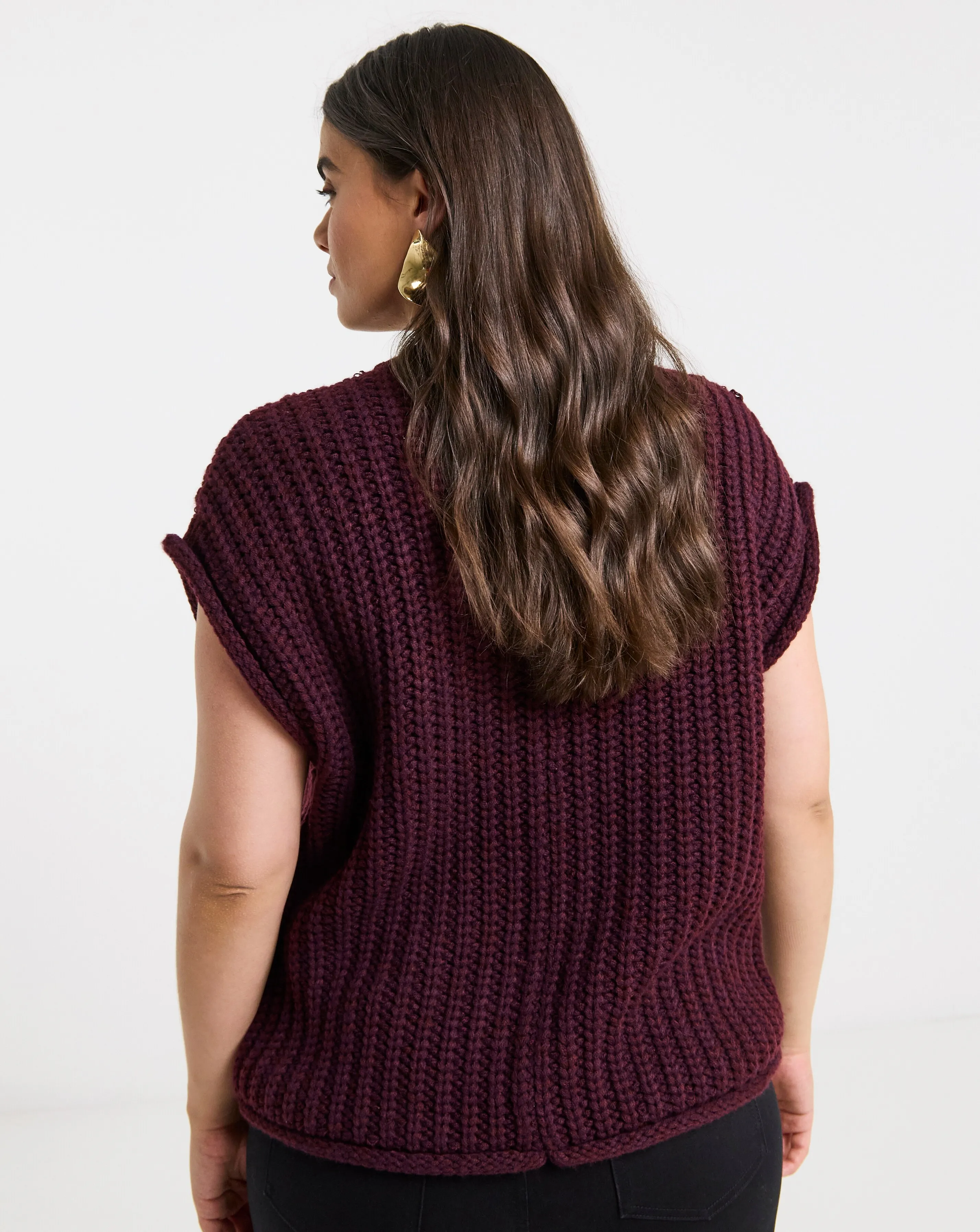Burgundy Chunky Knit Button Through Vest