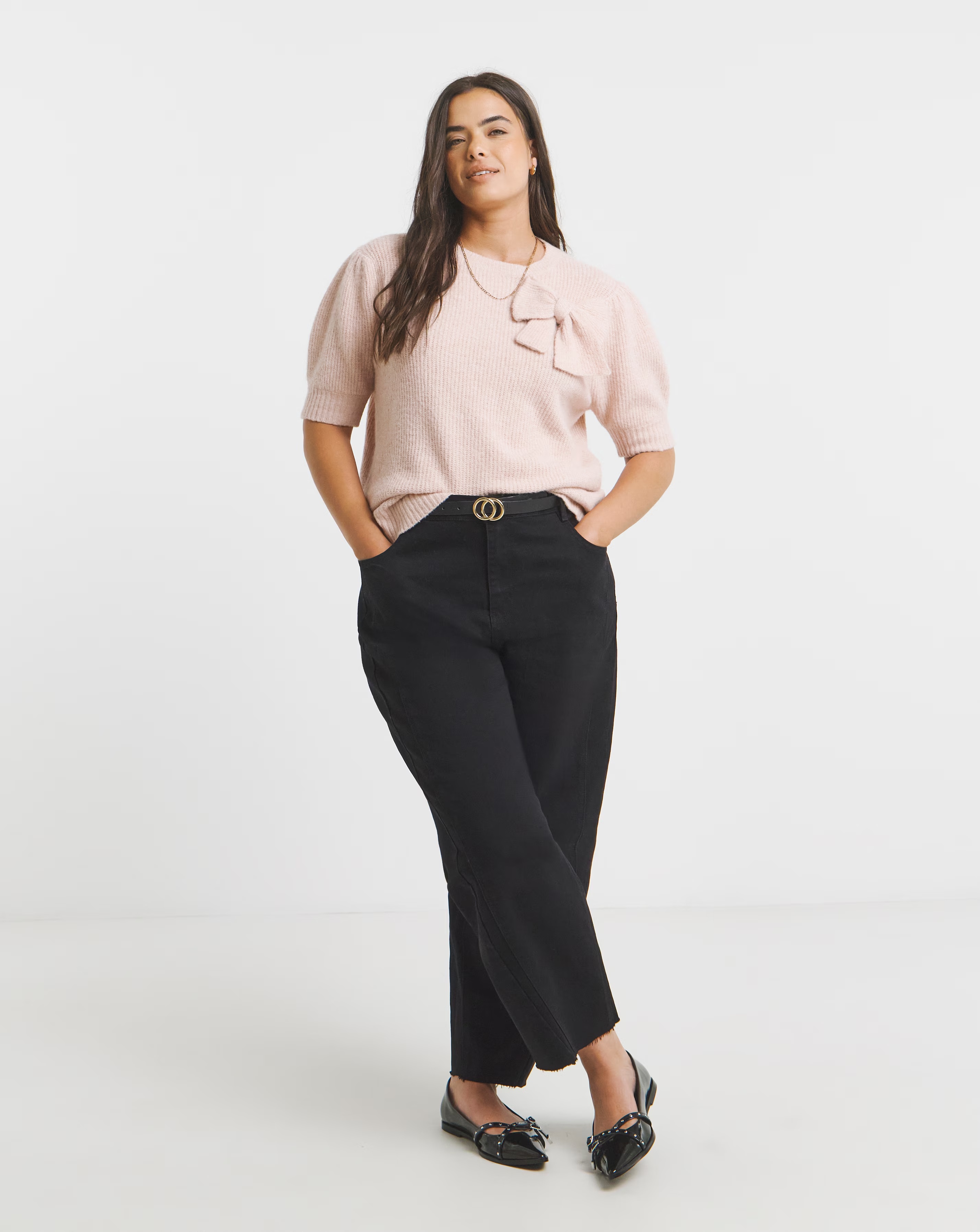 Simply Be Pink Puff Sleeve Bow Applique Knitted Top