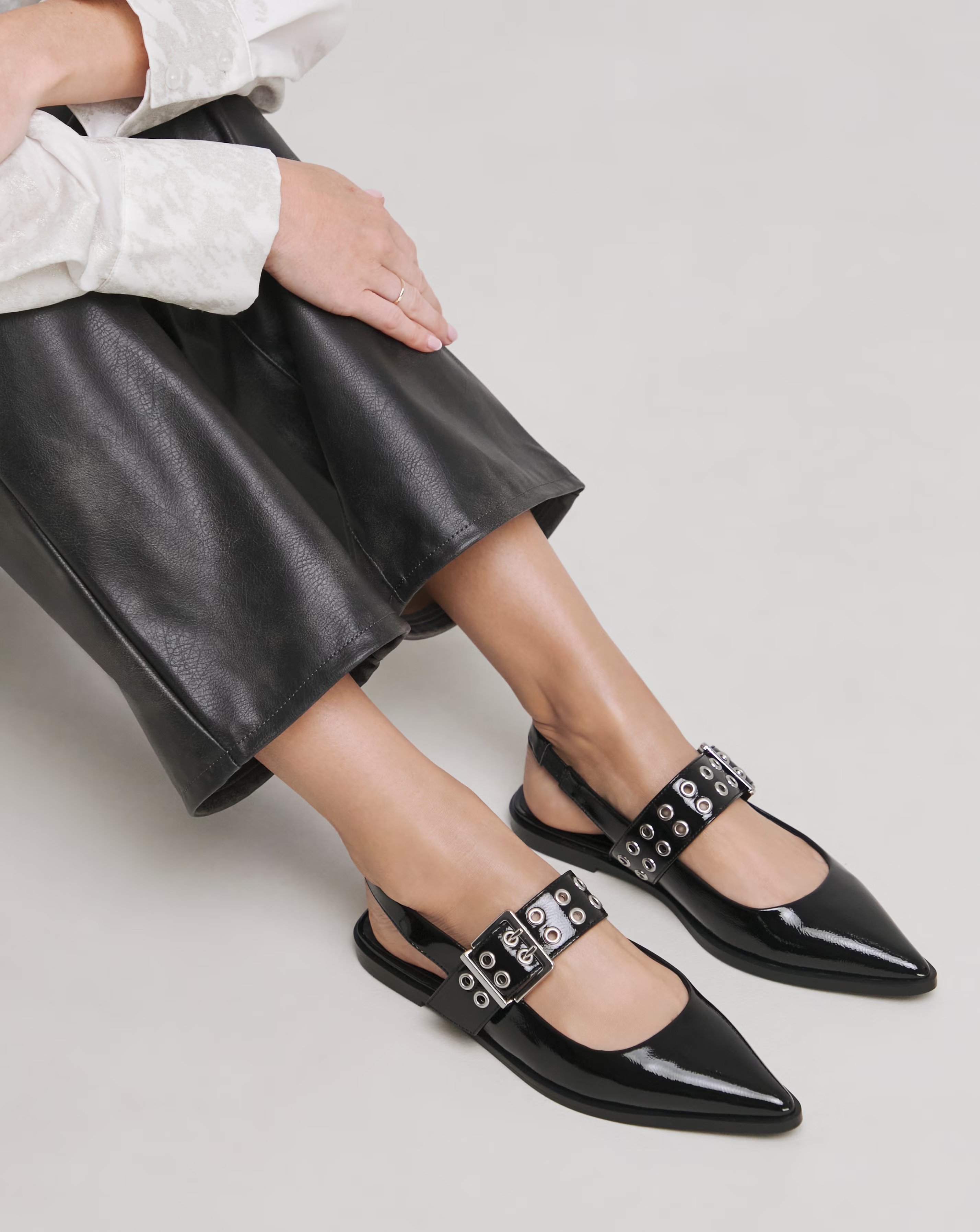 Naples Pointed Toe Hardware Mary Jane Flat Slingback Shoes - Wide Fit (E)