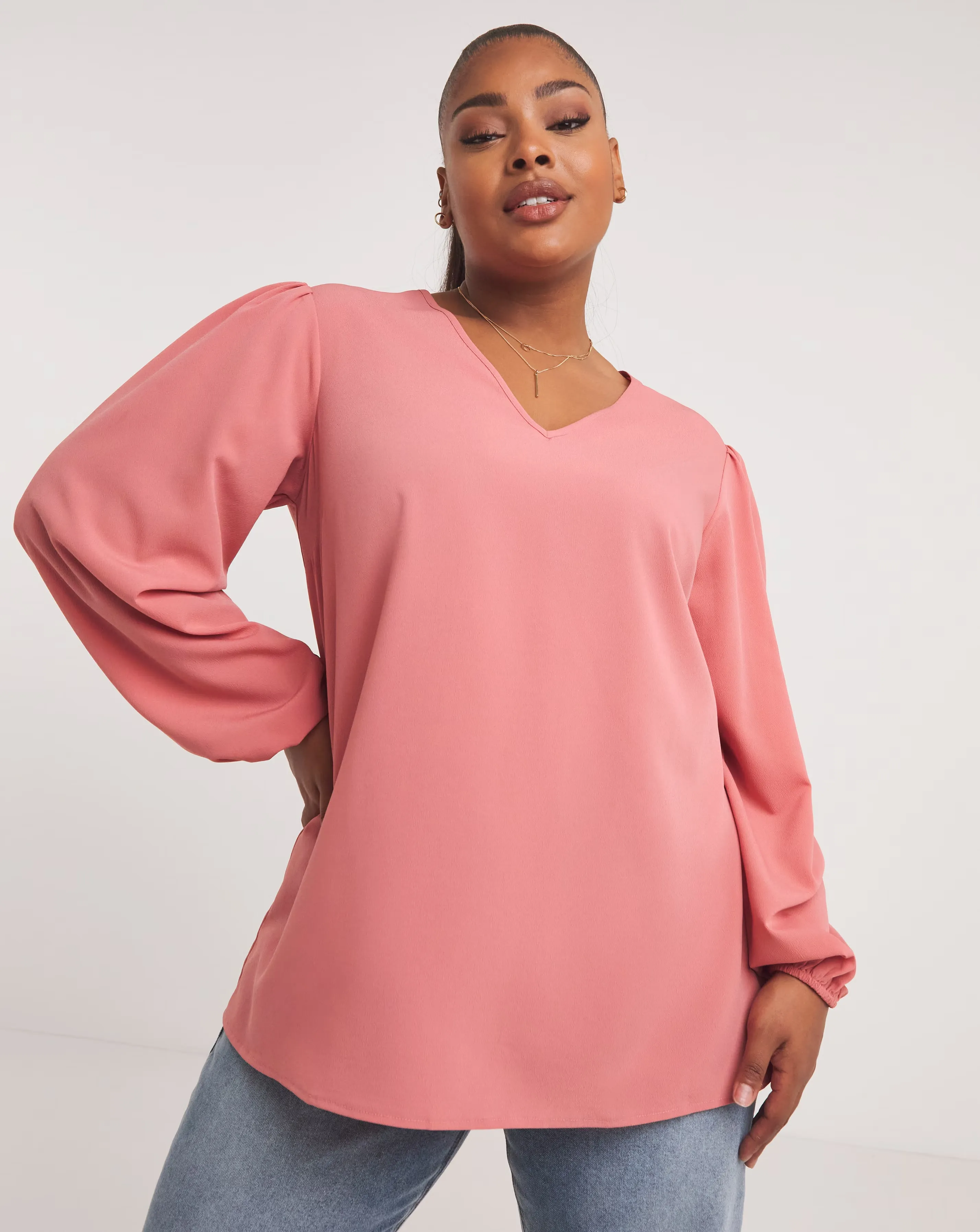 Rose Longline V Neck Long Sleeve Boxy Top