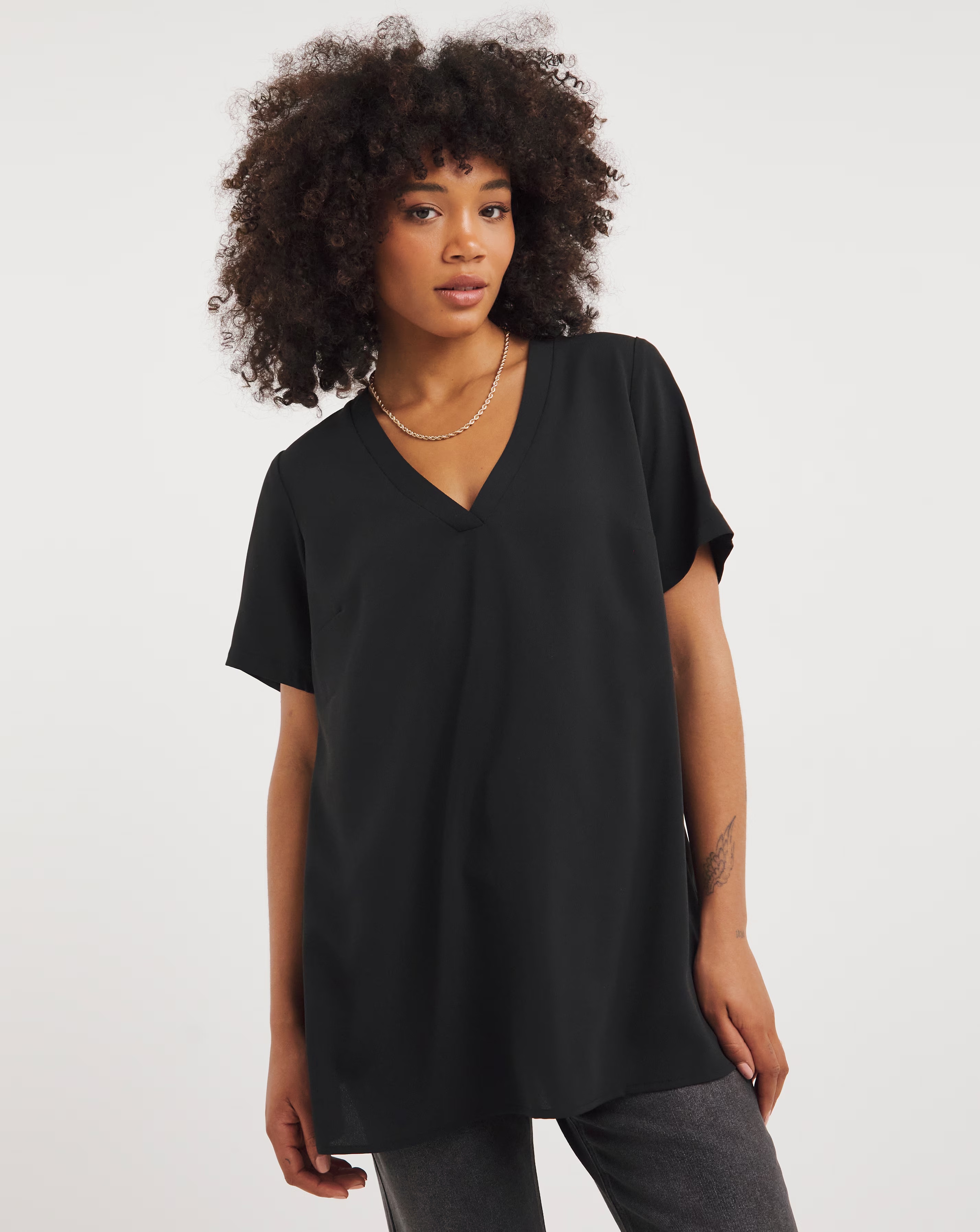 Black V Neck Short Sleeve Boxy Blouse